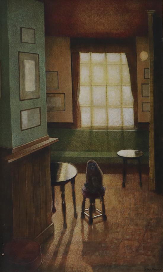 Peter Messer, egg tempera on board, Seeing the Monkey, signed, 58 x 35cm